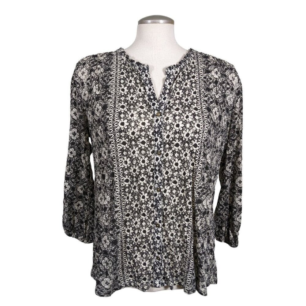 Lucky Brand Womens M Top Black White Ditsy Floral Print Long Sleeve Ruffle Neck